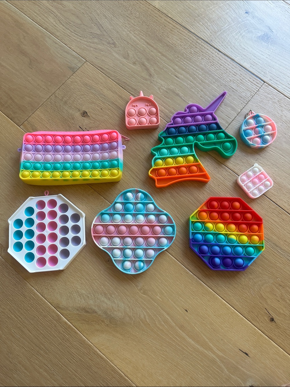Assorted Rainbow and Pastel Kids Pop-It Fidget Toy Set - clutch bag, keychains,